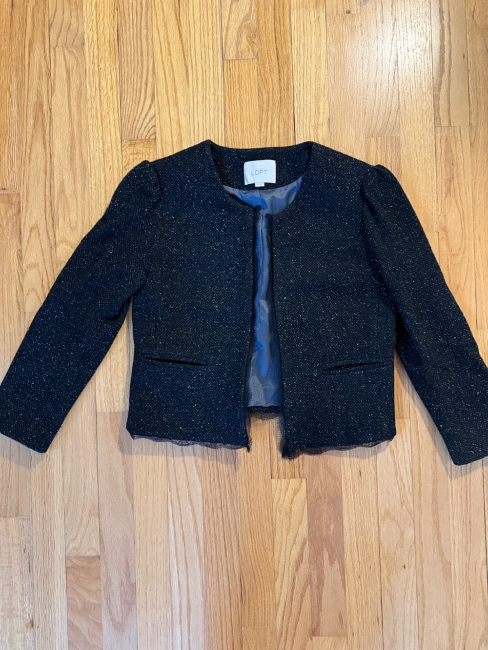 LOFT Black Metallic Tweed Cropped Jacket